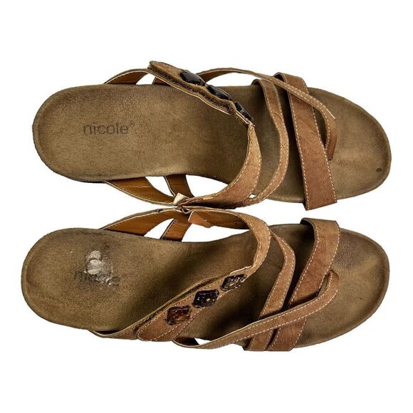 Nicole Albany Woman’s Size 8.5 Strappy Thong Slip On Wedge Sandals Brown Shell - Picture 4 of 13